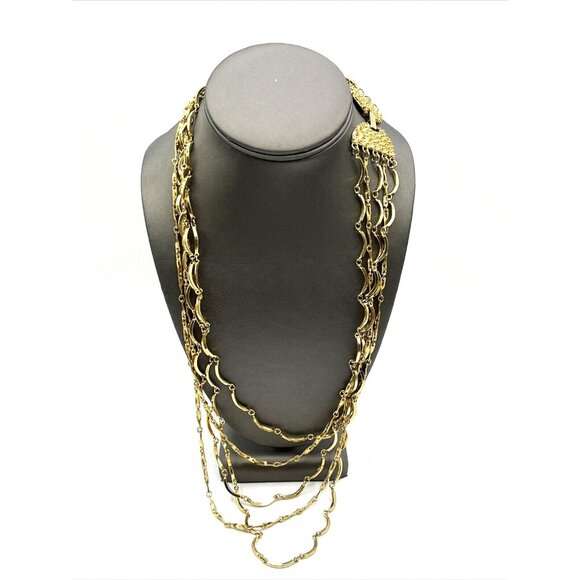Vintage 5 Strand Bar Link Statement Layered Gold Tone Necklace 22" - Picture 1 of 8